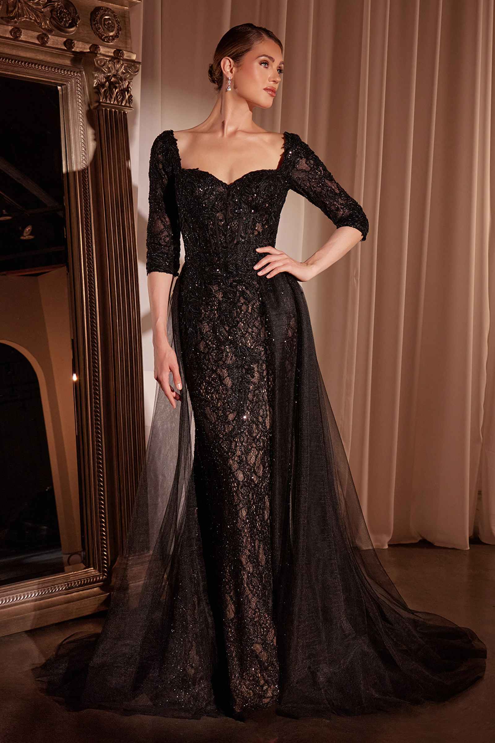 mother of the bride dresses black lace Ladivine CD749 Long-Sleeve Fitted Gown Color:Deadleaf abito da sposa 2-in-1 sirena line silhouette adorned with Fate Floral Print Satin