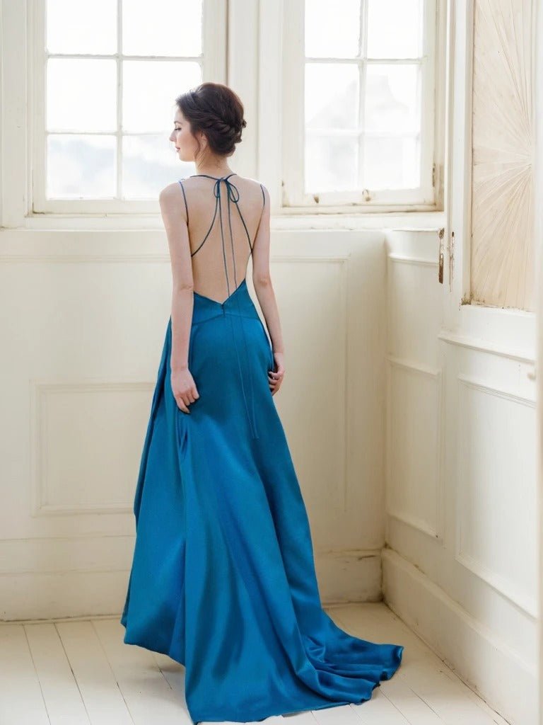 Sapphire Satin Backless Evening Gown