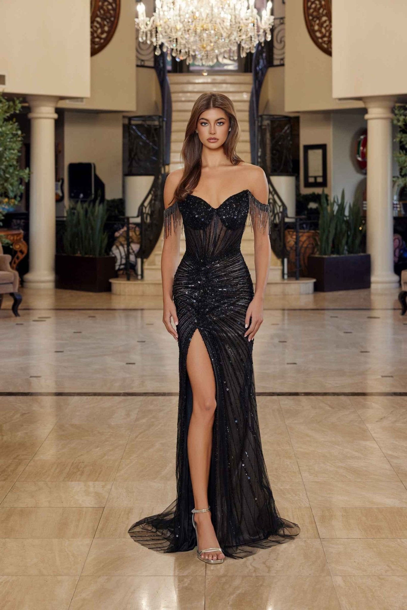 apparel prom dress Nox Anabel C1850 Off-Shoulder Beaded Gown Full Length Sleeve Style New from Alice + designer bridesmaid gown Color:Carribean T5683