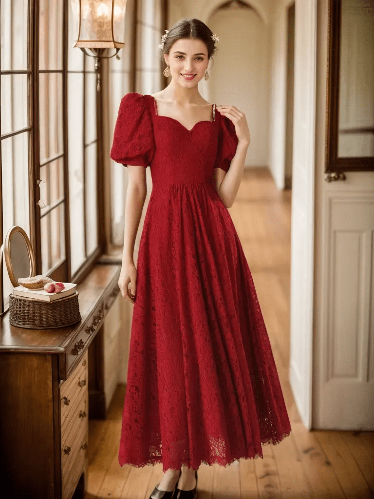 Vintage Ruby Lace Midi Dress, Puff Sleeves