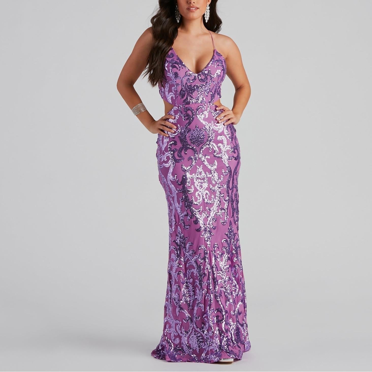 purple glitter bridesmaid dresses Sequin V-Neck Backless Gown ssys easter 25 Black-tie Wedding Guest Dresses Hips 34(89cm) Size (Women's):XL