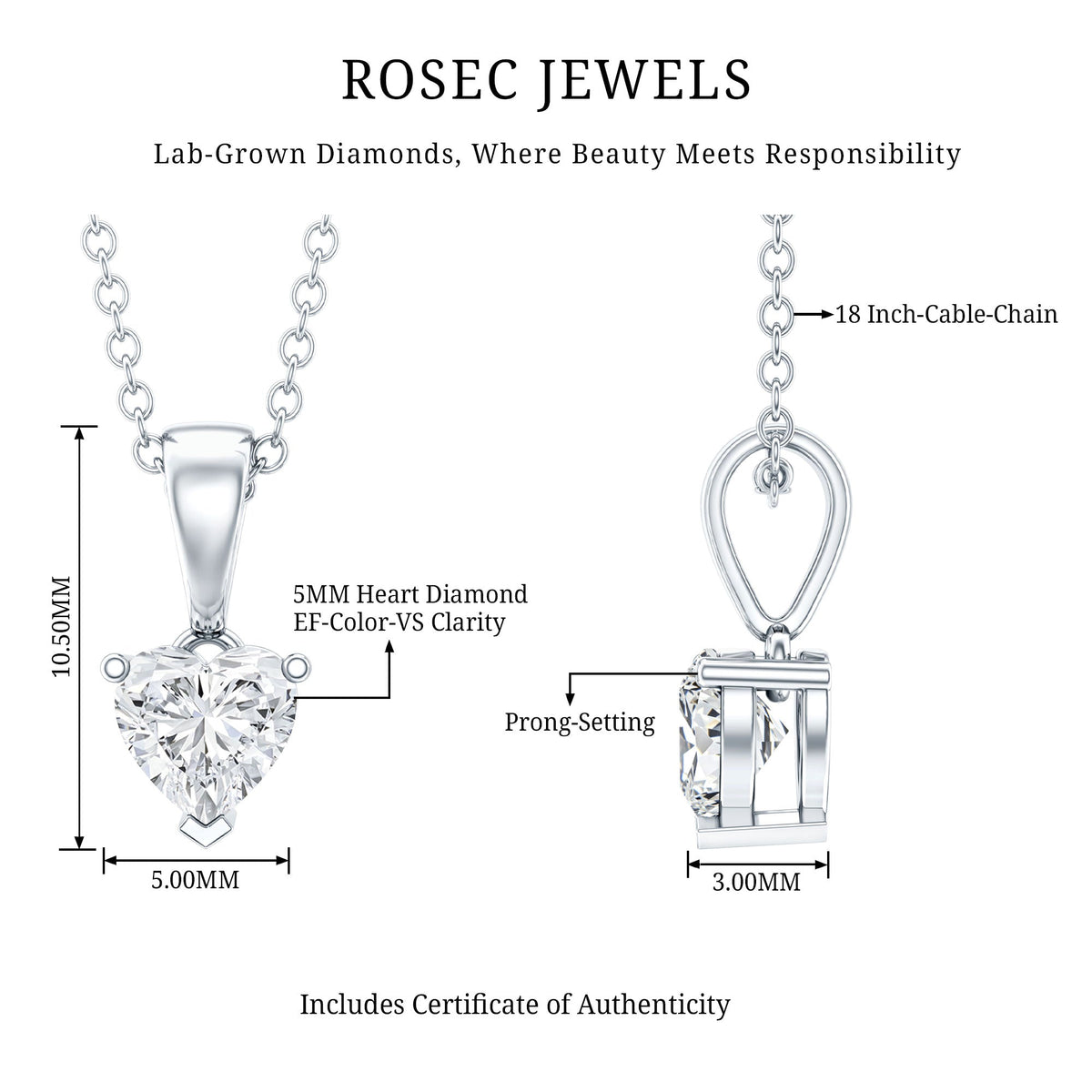 0.5 Carat Lab Grown Diamond Heart Necklace For Women - Luzilly Bridal & Apparel