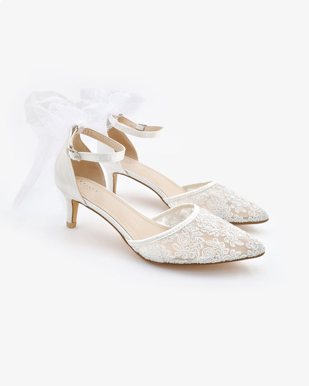 Crochet Lace Pointy Toe Wedding Kitten Low Heel with Tulle Back Bow