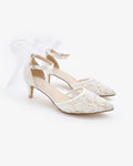 Crochet Lace Pointy Toe Wedding Kitten Low Heel with Tulle Back Bow