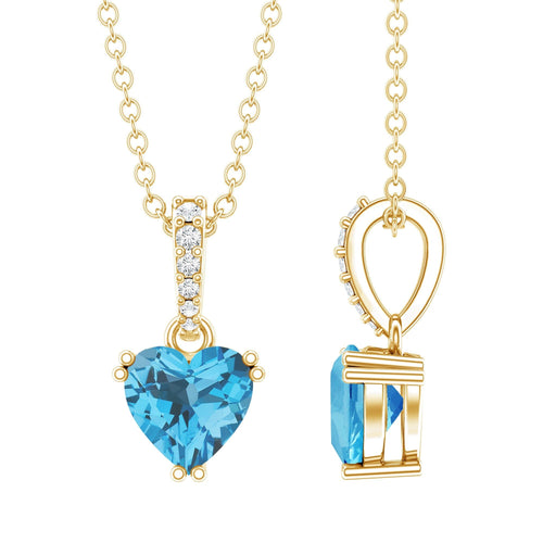 0.9 Carat Swiss Blue Topaz Solitaire and Diamond Heart Necklace with Chain - Luzilly Bridal & Apparel