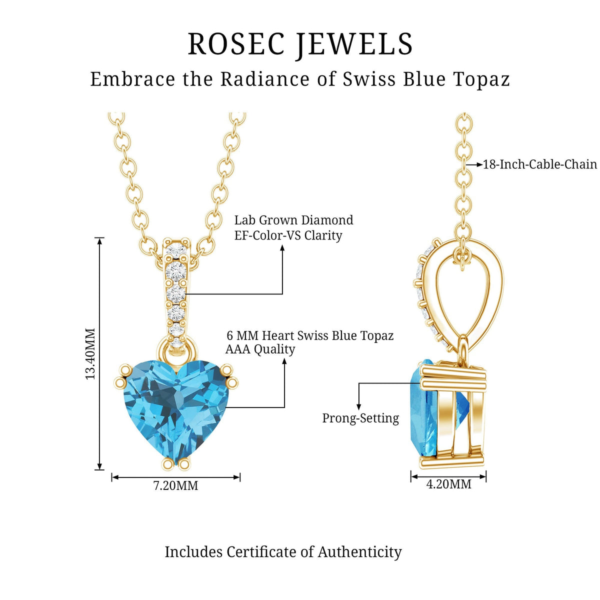 0.9 Carat Swiss Blue Topaz Solitaire and Diamond Heart Necklace with Chain - Luzilly Bridal & Apparel