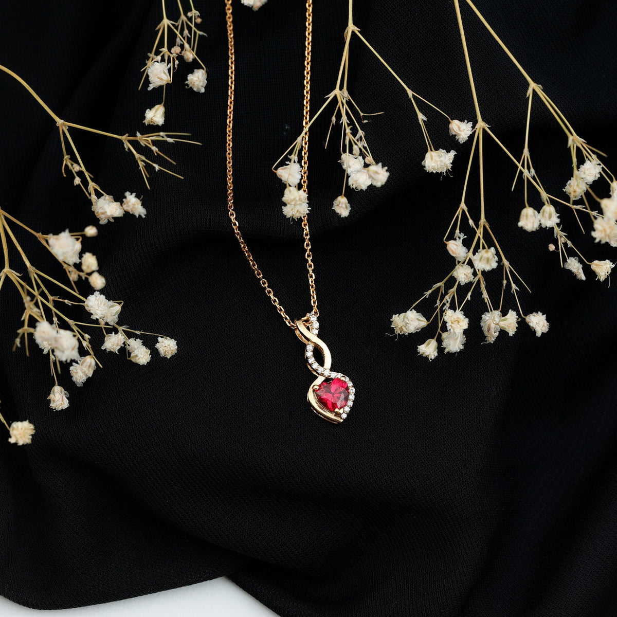 1 Carat Lab Grown Ruby Heart and Infinity Necklace with Silver Chain - Luzilly Bridal & Apparel