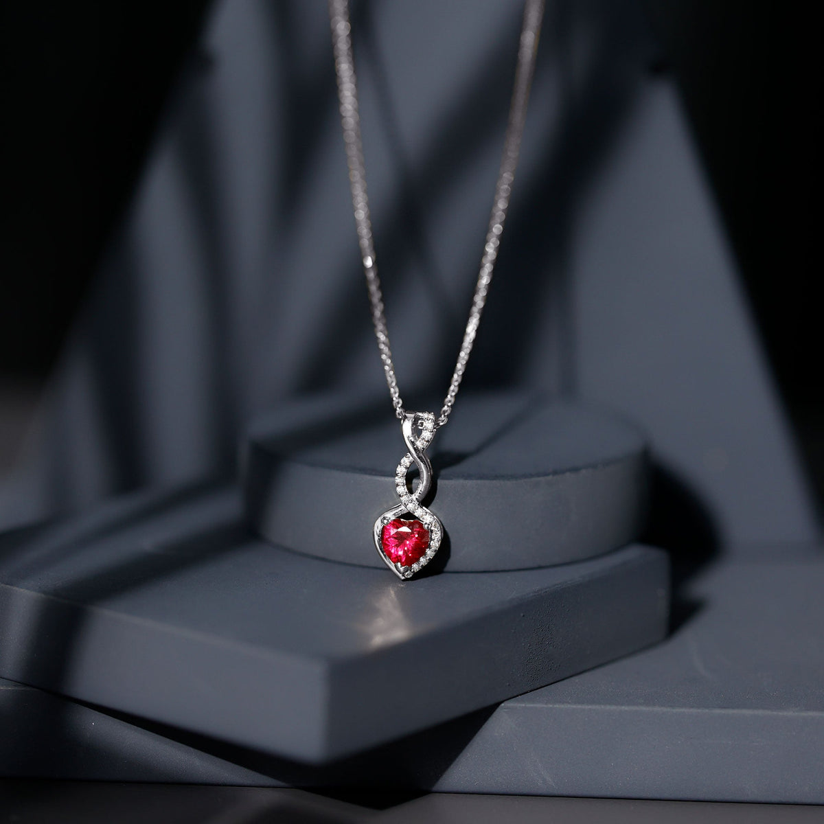 1 Carat Lab Grown Ruby Heart and Infinity Necklace with Silver Chain - Luzilly Bridal & Apparel