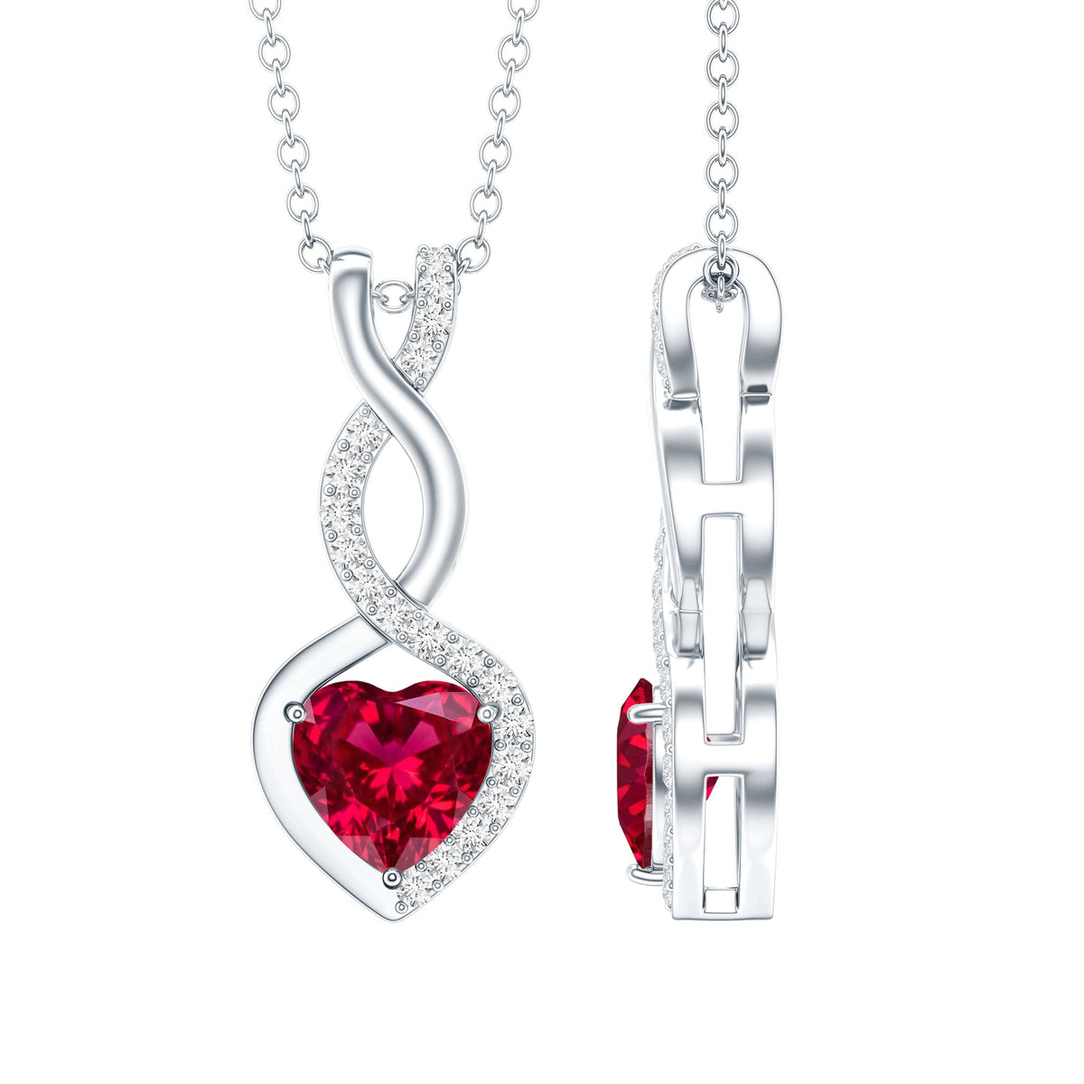 1 Carat Lab Grown Ruby Heart and Infinity Necklace with Silver Chain - Luzilly Bridal & Apparel