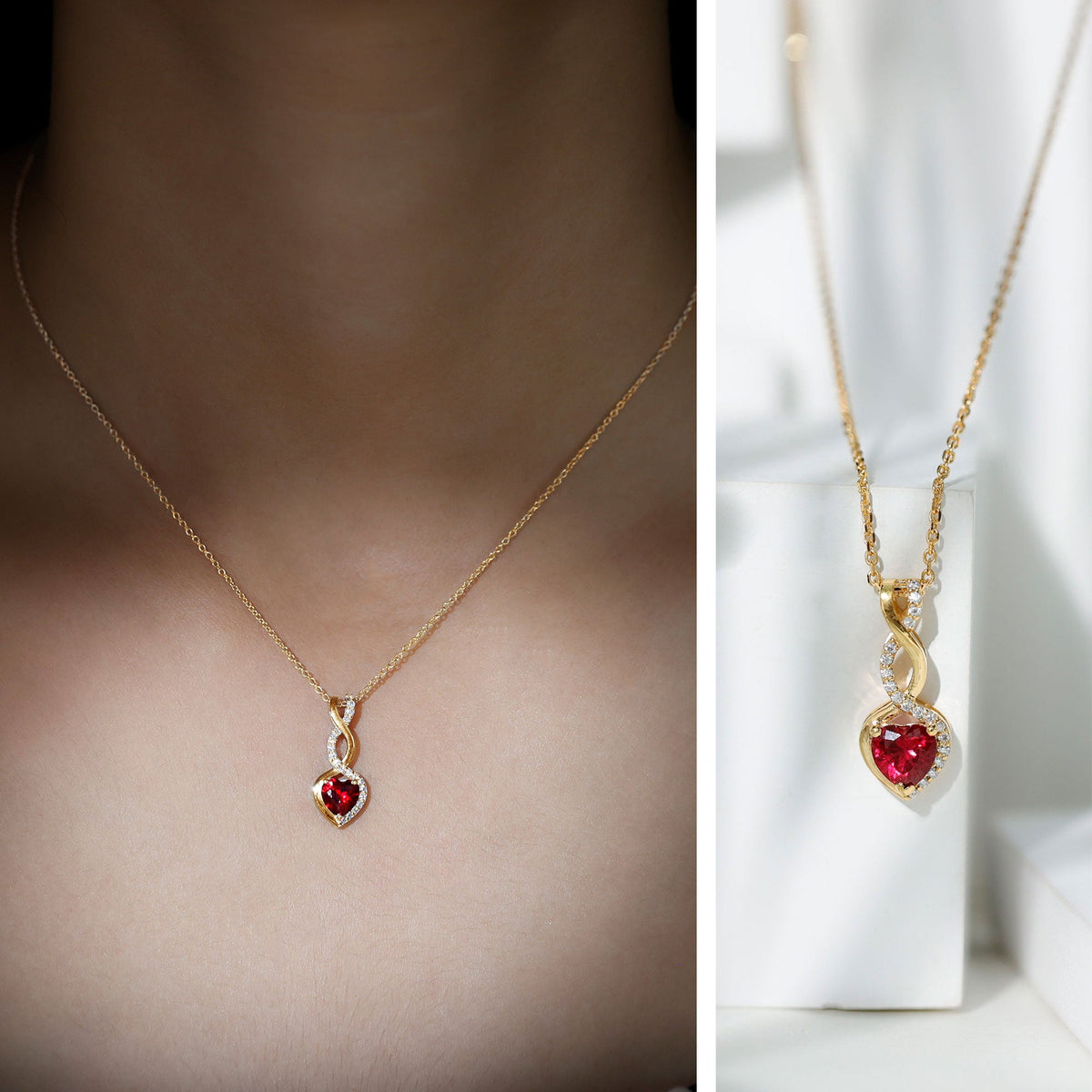 1 Carat Lab Grown Ruby Heart and Infinity Necklace with Silver Chain - Luzilly Bridal & Apparel