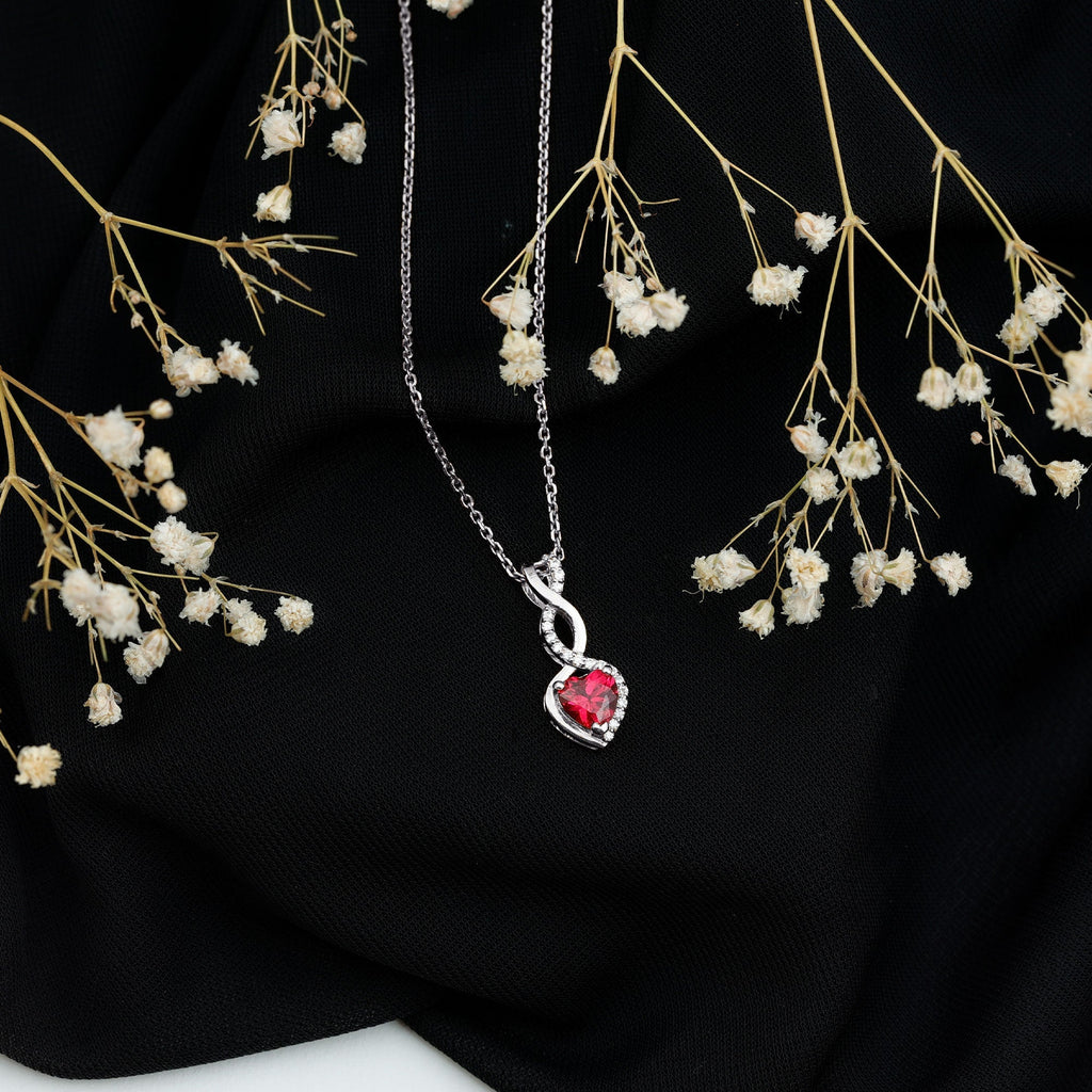 1 Carat Lab Grown Ruby Heart and Infinity Necklace with Silver Chain - Luzilly Bridal & Apparel