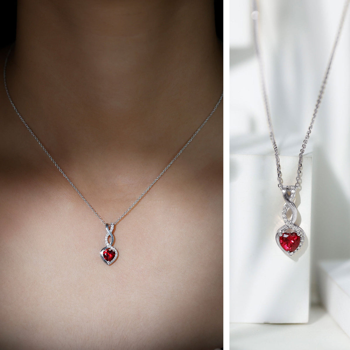 1 Carat Lab Grown Ruby Heart and Infinity Necklace with Silver Chain - Luzilly Bridal & Apparel