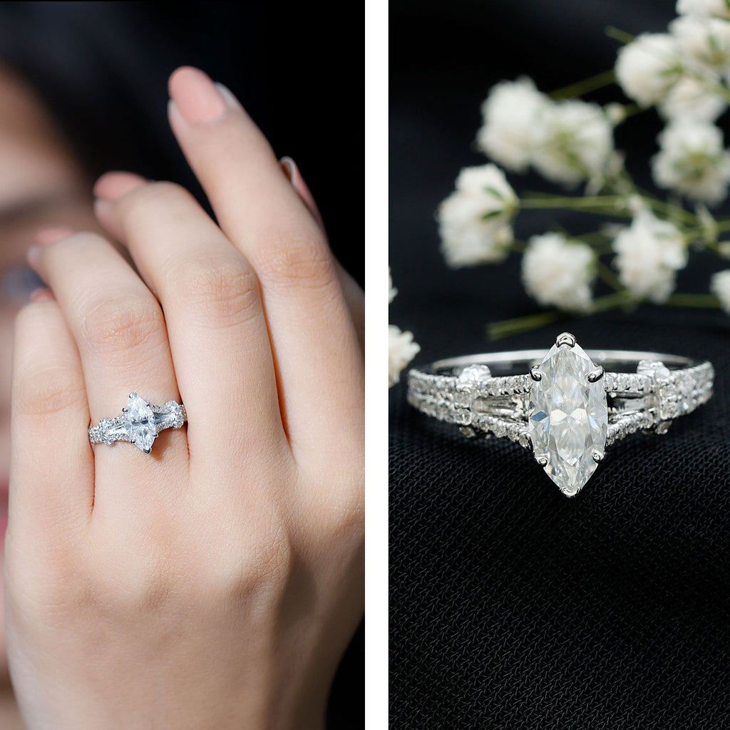 1 Carat Marquise Cut Lab Grown Diamond Split Shank Engagement Ring with IGI Certificate - Luzilly Bridal & Apparel