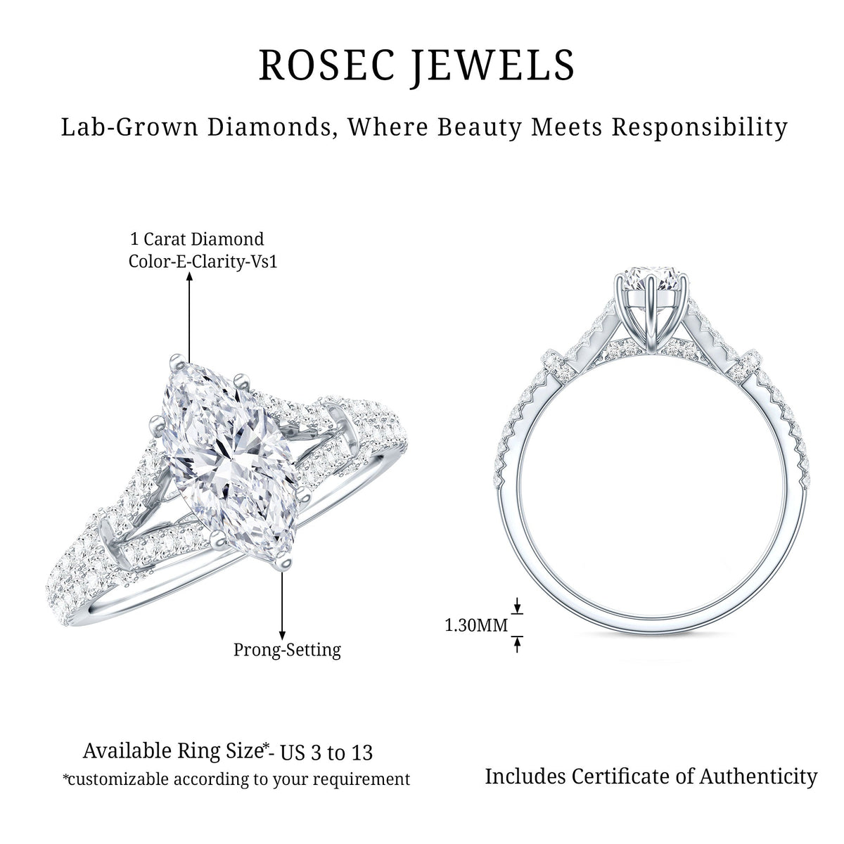 1 Carat Marquise Cut Lab Grown Diamond Split Shank Engagement Ring with IGI Certificate - Luzilly Bridal & Apparel