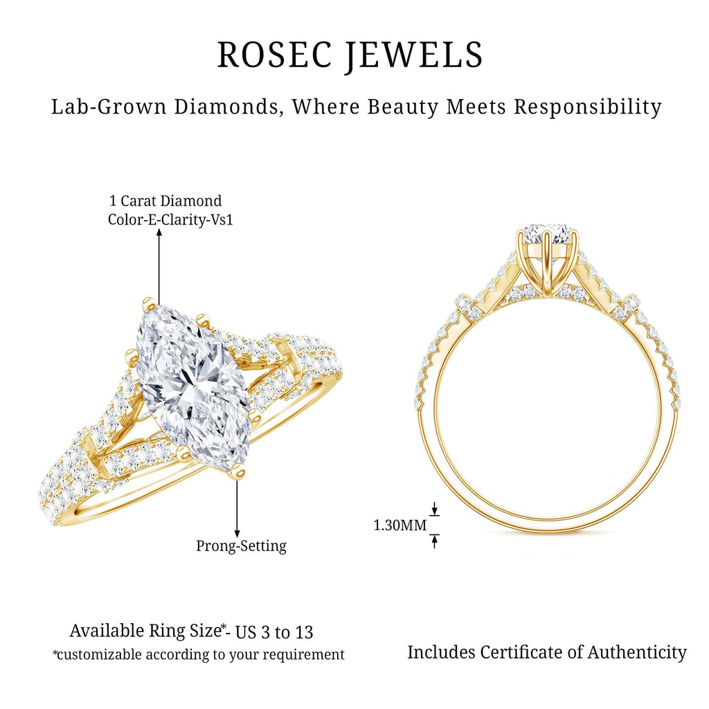 1 Carat Marquise Cut Lab Grown Diamond Split Shank Engagement Ring with IGI Certificate - Luzilly Bridal & Apparel