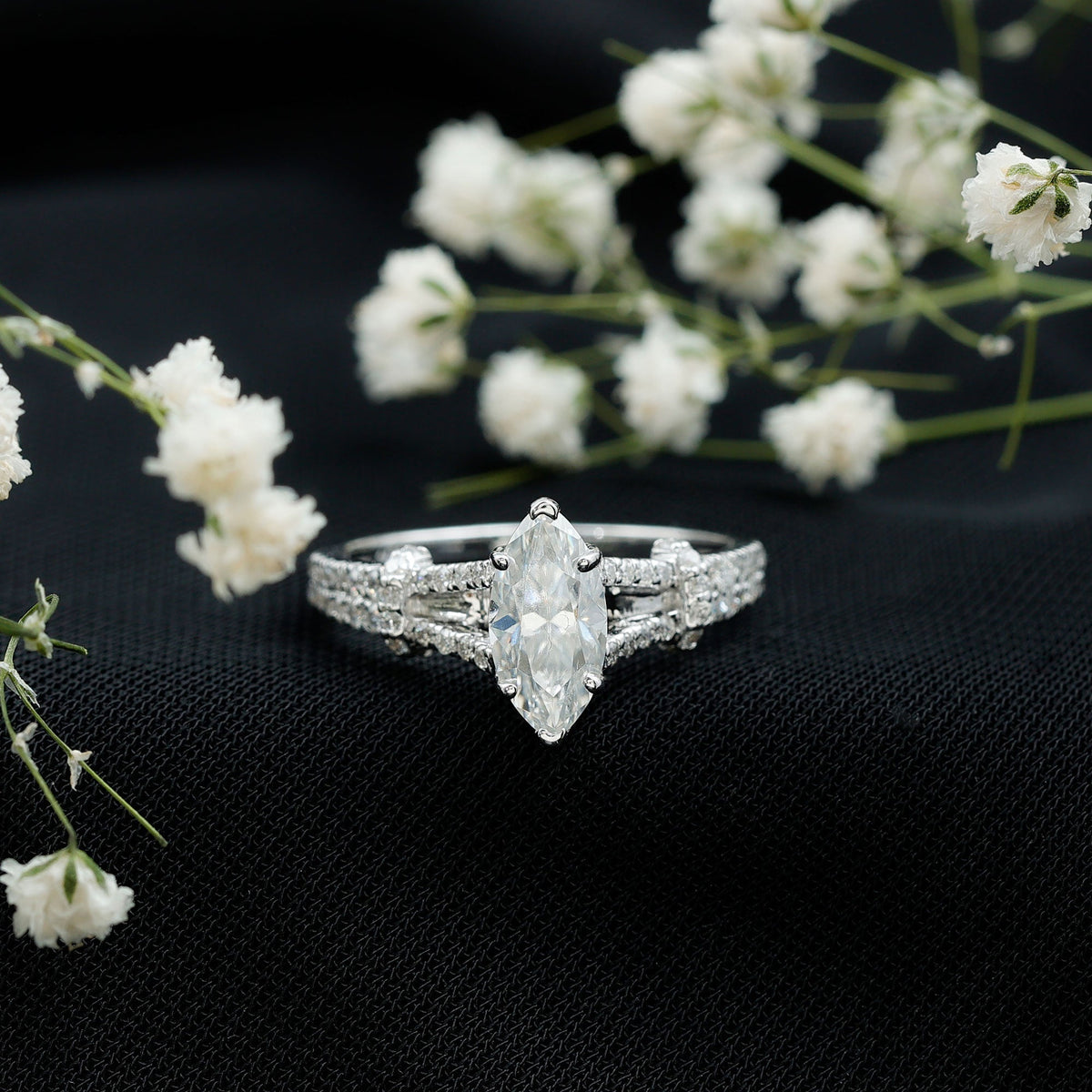1 Carat Marquise Cut Lab Grown Diamond Split Shank Engagement Ring with IGI Certificate - Luzilly Bridal & Apparel