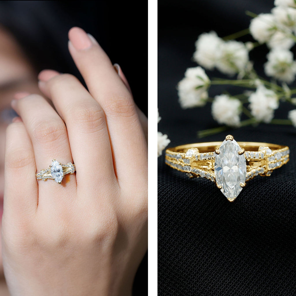 1 Carat Marquise Cut Lab Grown Diamond Split Shank Engagement Ring with IGI Certificate - Luzilly Bridal & Apparel