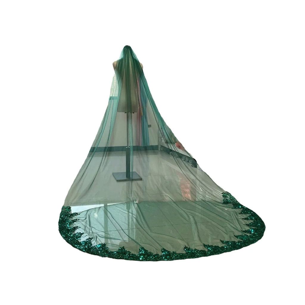 1 Layer 3 Meters Long Colorful Bridal Veils Luxury Bling Sequins Green Lace Soft Tulle Wedding Veil With Comb - Luzilly Bridal & Apparel
