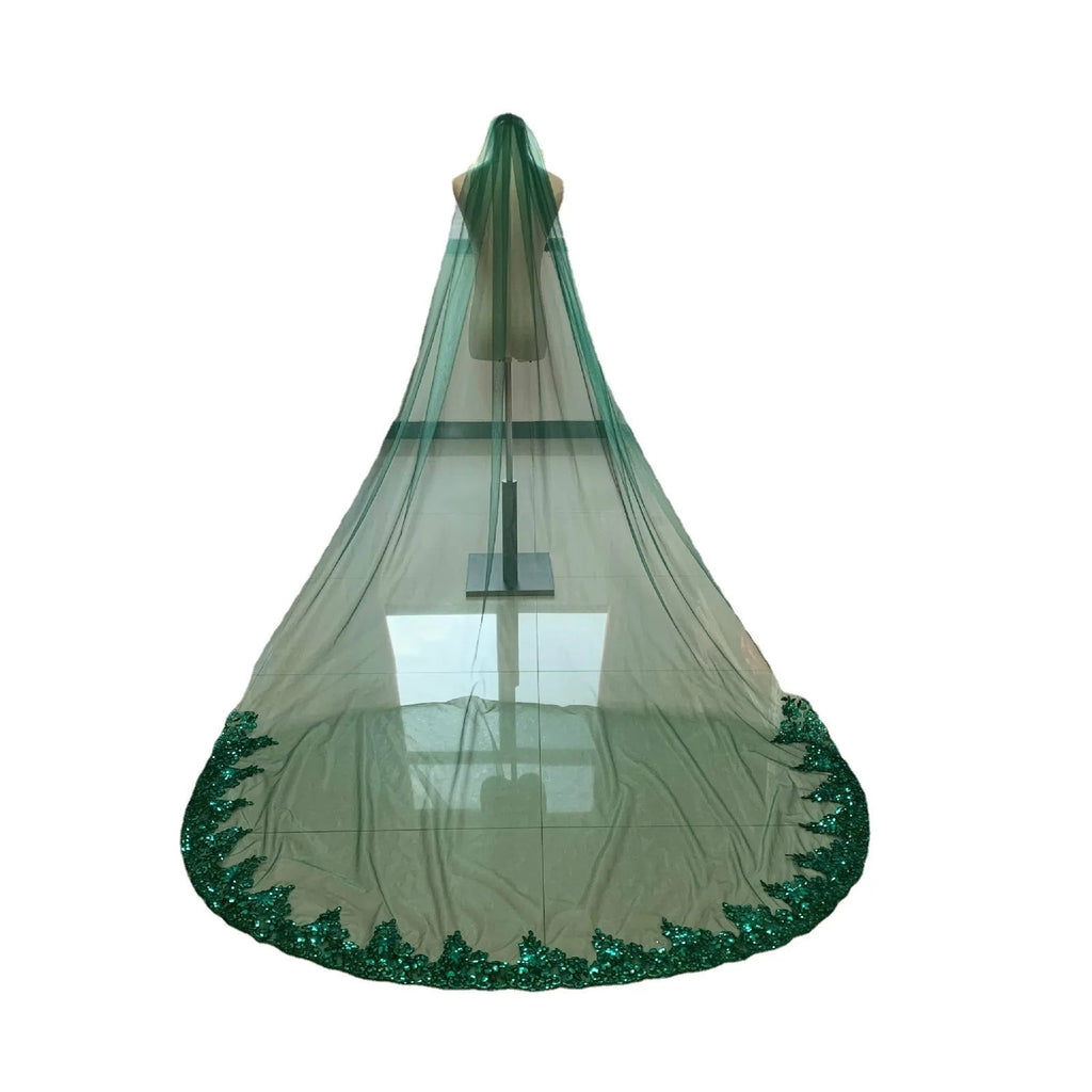 1 Layer 3 Meters Long Colorful Bridal Veils Luxury Bling Sequins Green Lace Soft Tulle Wedding Veil With Comb - Luzilly Bridal & Apparel