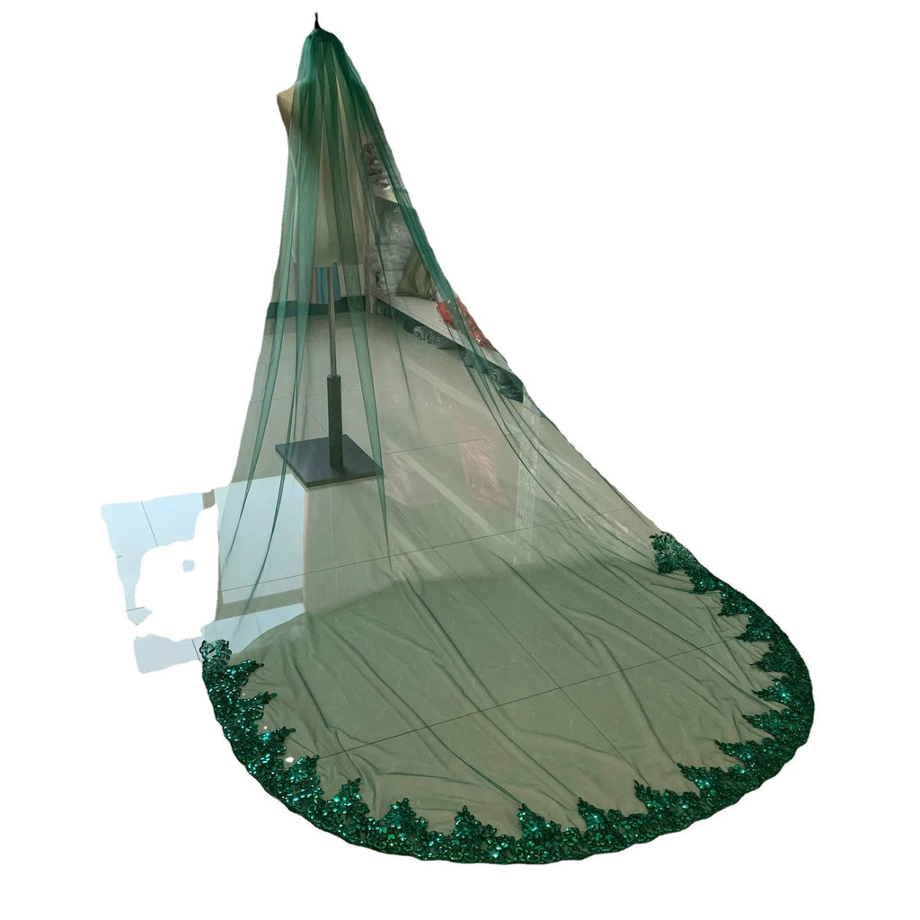 1 Layer 3 Meters Long Colorful Bridal Veils Luxury Bling Sequins Green Lace Soft Tulle Wedding Veil With Comb - Luzilly Bridal & Apparel