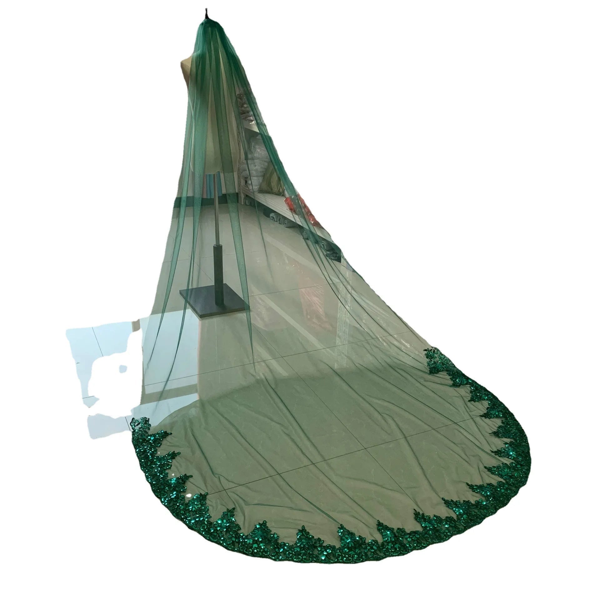1 Layer 3 Meters Long Colorful Bridal Veils Luxury Bling Sequins Green Lace Soft Tulle Wedding Veil With Comb - Luzilly Bridal & Apparel