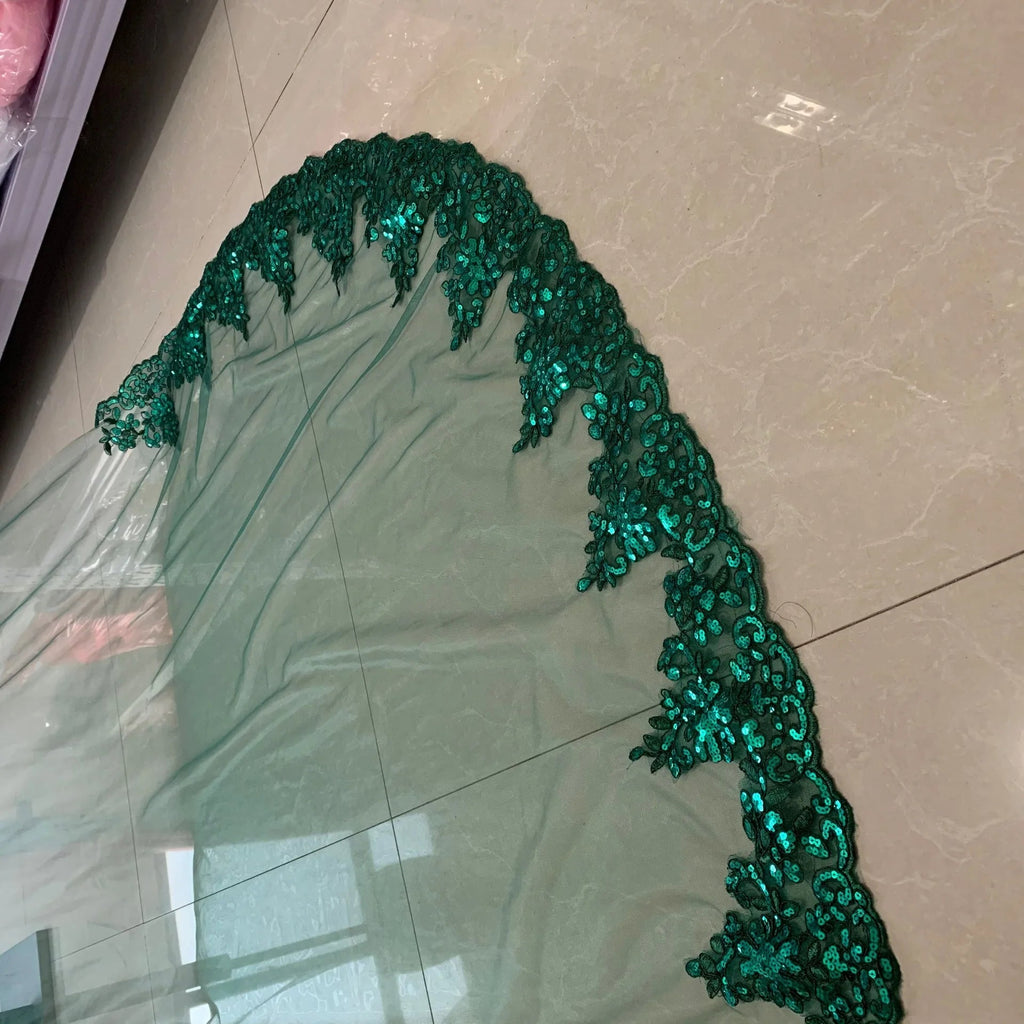 1 Layer 3 Meters Long Colorful Bridal Veils Luxury Bling Sequins Green Lace Soft Tulle Wedding Veil With Comb - Luzilly Bridal & Apparel