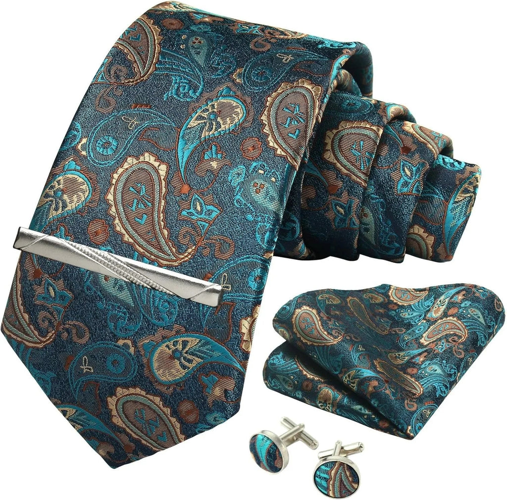 100% Silk Necktie Paisley Floral Mens Tie Top Quality Business Tie Pocket Square Tie Clip Cufflinks Set Classic For Men Gift Box - Luzilly Bridal & Apparel