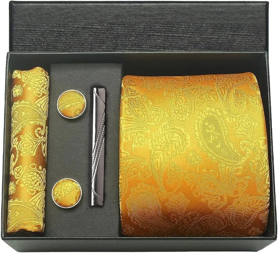 100% Silk Necktie Paisley Floral Mens Tie Top Quality Business Tie Pocket Square Tie Clip Cufflinks Set Classic For Men Gift Box - Luzilly Bridal & Apparel