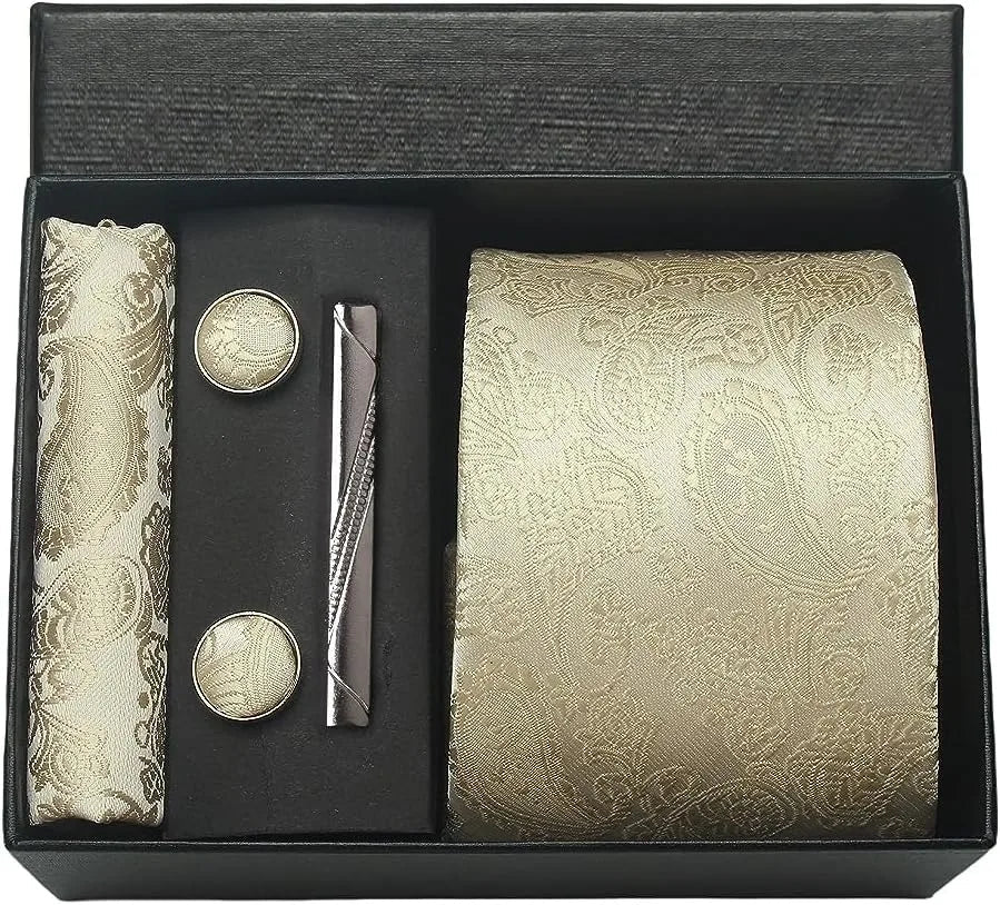 100% Silk Necktie Paisley Floral Mens Tie Top Quality Business Tie Pocket Square Tie Clip Cufflinks Set Classic For Men Gift Box - Luzilly Bridal & Apparel