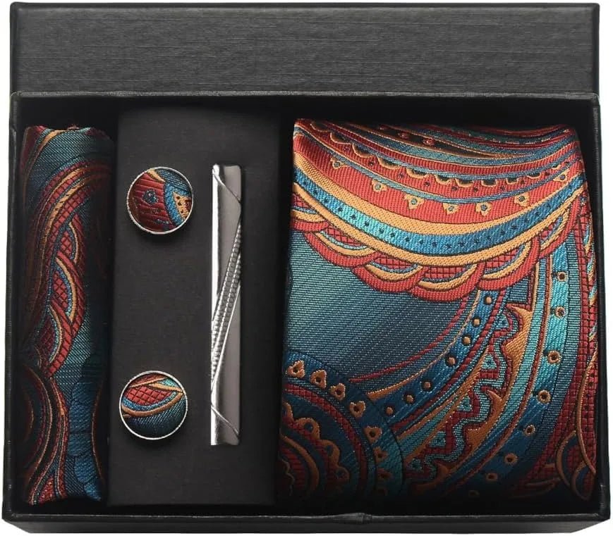 100% Silk Necktie Paisley Floral Mens Tie Top Quality Business Tie Pocket Square Tie Clip Cufflinks Set Classic For Men Gift Box - Luzilly Bridal & Apparel