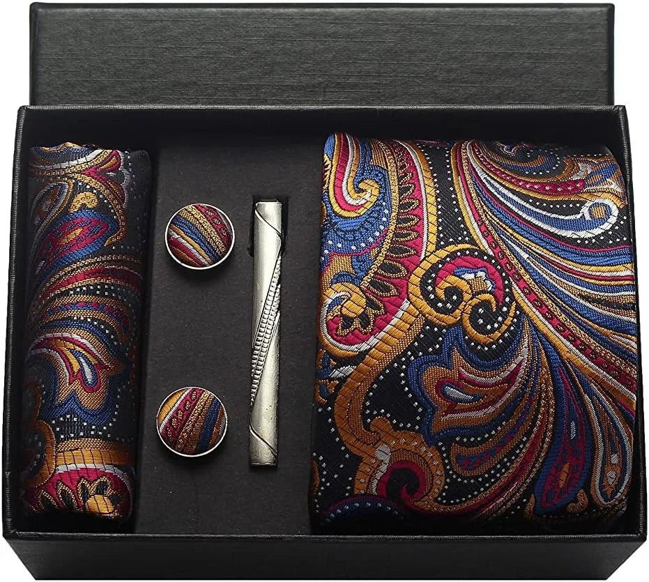100% Silk Necktie Paisley Floral Mens Tie Top Quality Business Tie Pocket Square Tie Clip Cufflinks Set Classic For Men Gift Box - Luzilly Bridal & Apparel