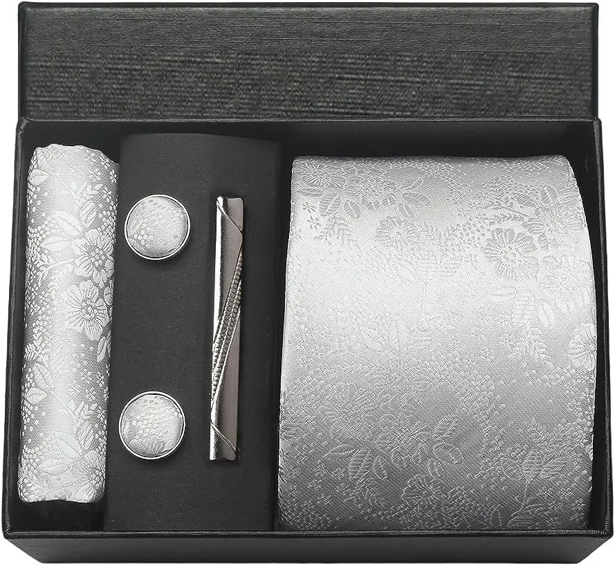 100% Silk Necktie Paisley Floral Mens Tie Top Quality Business Tie Pocket Square Tie Clip Cufflinks Set Classic For Men Gift Box - Luzilly Bridal & Apparel