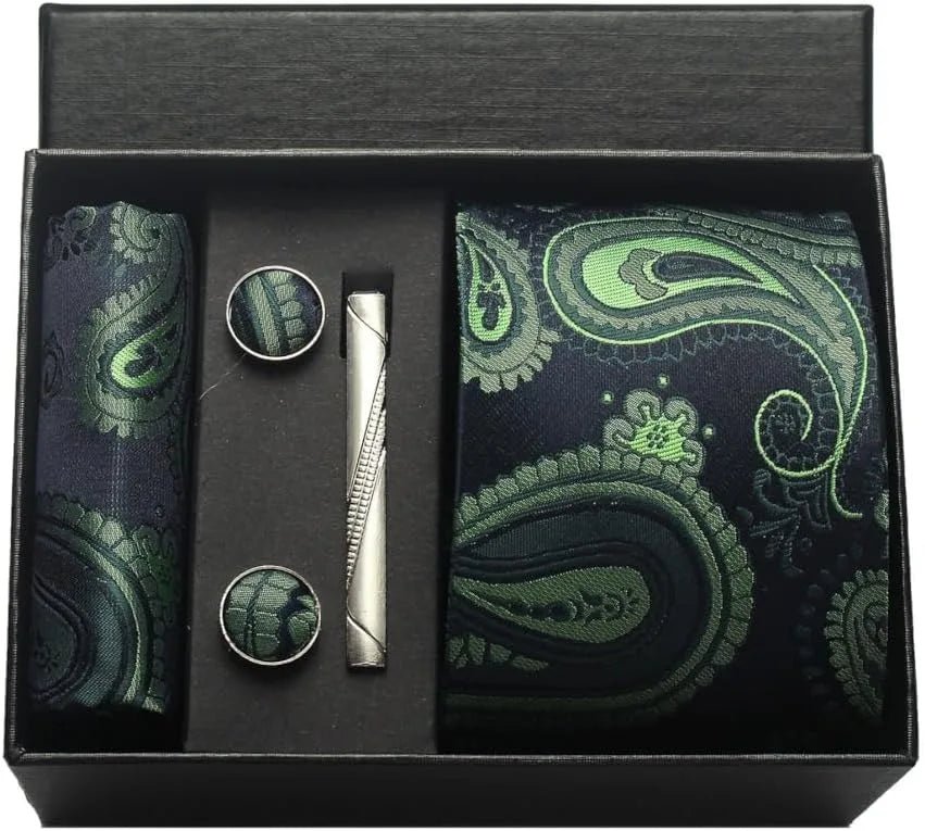 100% Silk Necktie Paisley Floral Mens Tie Top Quality Business Tie Pocket Square Tie Clip Cufflinks Set Classic For Men Gift Box - Luzilly Bridal & Apparel