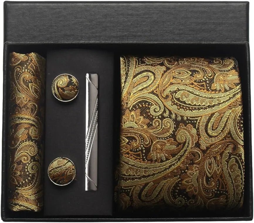 100% Silk Necktie Paisley Floral Mens Tie Top Quality Business Tie Pocket Square Tie Clip Cufflinks Set Classic For Men Gift Box - Luzilly Bridal & Apparel