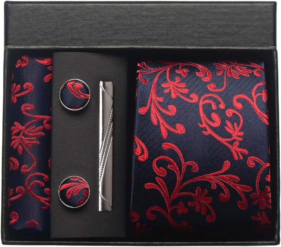 100% Silk Necktie Paisley Floral Mens Tie Top Quality Business Tie Pocket Square Tie Clip Cufflinks Set Classic For Men Gift Box - Luzilly Bridal & Apparel
