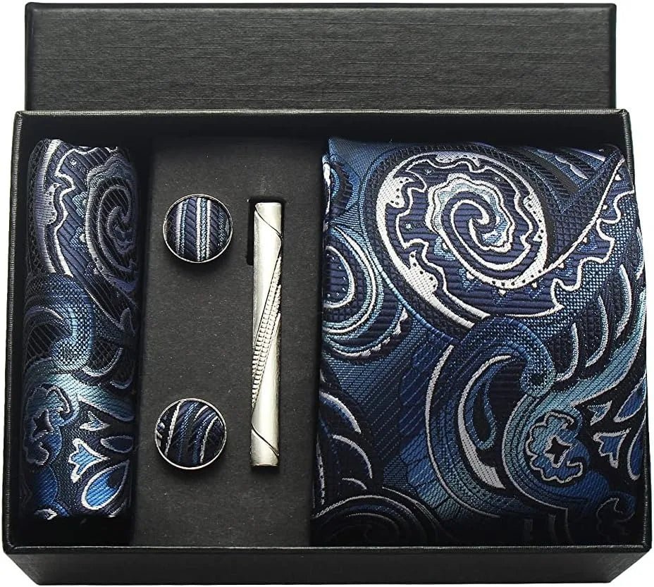 100% Silk Necktie Paisley Floral Mens Tie Top Quality Business Tie Pocket Square Tie Clip Cufflinks Set Classic For Men Gift Box - Luzilly Bridal & Apparel