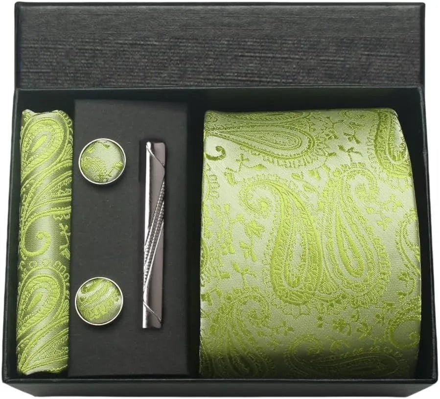 100% Silk Necktie Paisley Floral Mens Tie Top Quality Business Tie Pocket Square Tie Clip Cufflinks Set Classic For Men Gift Box - Luzilly Bridal & Apparel