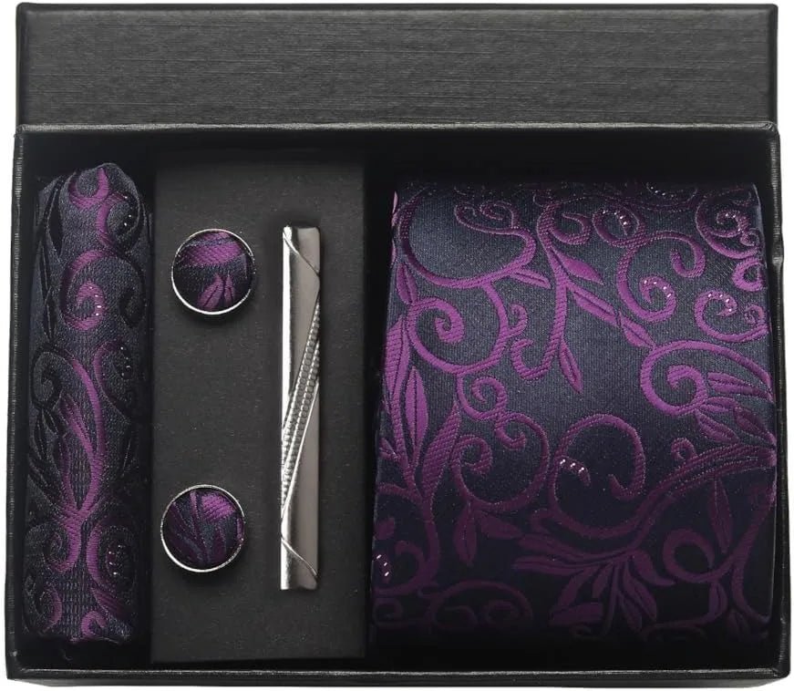 100% Silk Necktie Paisley Floral Mens Tie Top Quality Business Tie Pocket Square Tie Clip Cufflinks Set Classic For Men Gift Box - Luzilly Bridal & Apparel