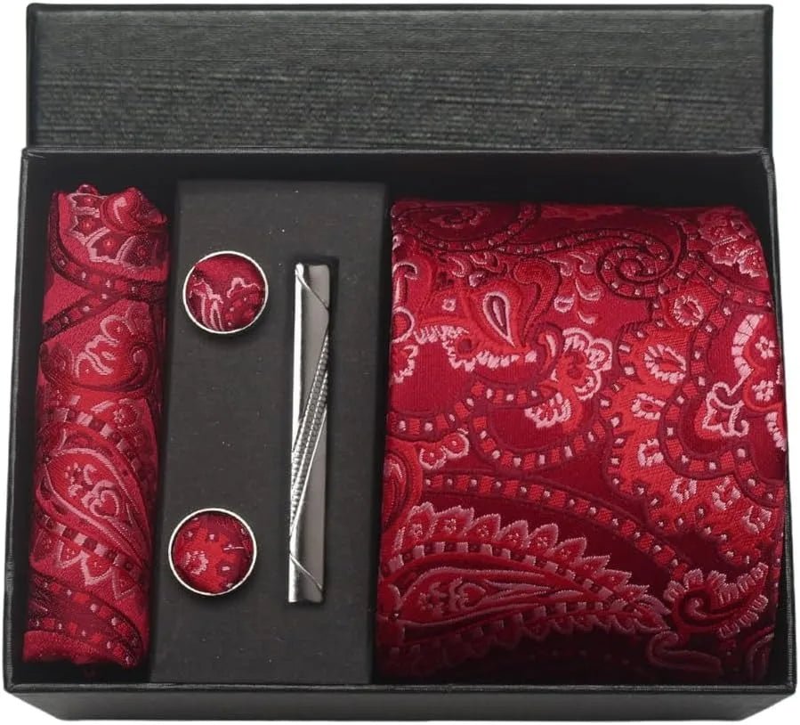 100% Silk Necktie Paisley Floral Mens Tie Top Quality Business Tie Pocket Square Tie Clip Cufflinks Set Classic For Men Gift Box - Luzilly Bridal & Apparel