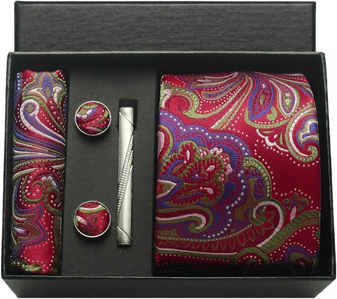100% Silk Necktie Paisley Floral Mens Tie Top Quality Business Tie Pocket Square Tie Clip Cufflinks Set Classic For Men Gift Box - Luzilly Bridal & Apparel