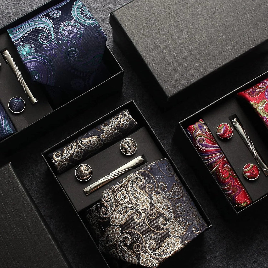 100% Silk Necktie Paisley Floral Mens Tie Top Quality Business Tie Pocket Square Tie Clip Cufflinks Set Classic For Men Gift Box - Luzilly Bridal & Apparel