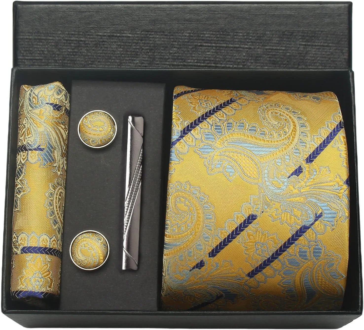 100% Silk Necktie Paisley Floral Mens Tie Top Quality Business Tie Pocket Square Tie Clip Cufflinks Set Classic For Men Gift Box - Luzilly Bridal & Apparel