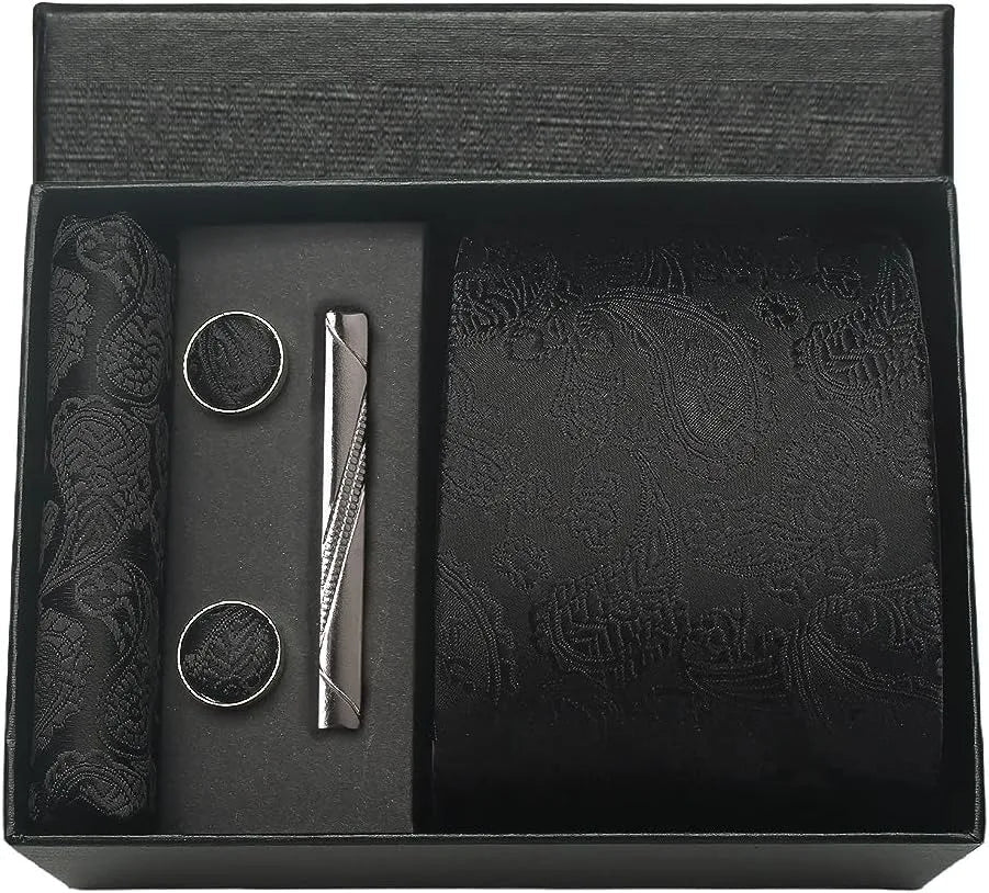 100% Silk Necktie Paisley Floral Mens Tie Top Quality Business Tie Pocket Square Tie Clip Cufflinks Set Classic For Men Gift Box - Luzilly Bridal & Apparel