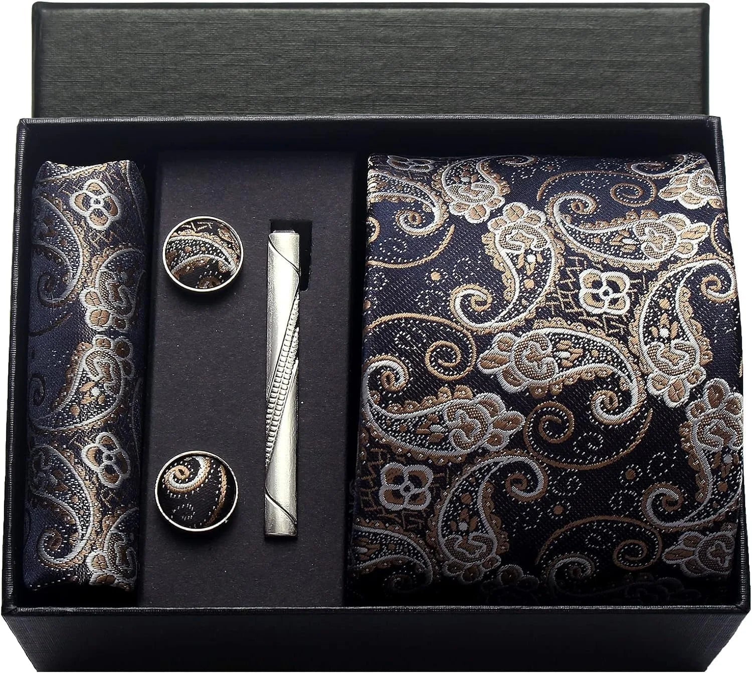 100% Silk Necktie Paisley Floral Mens Tie Top Quality Business Tie Pocket Square Tie Clip Cufflinks Set Classic For Men Gift Box - Luzilly Bridal & Apparel