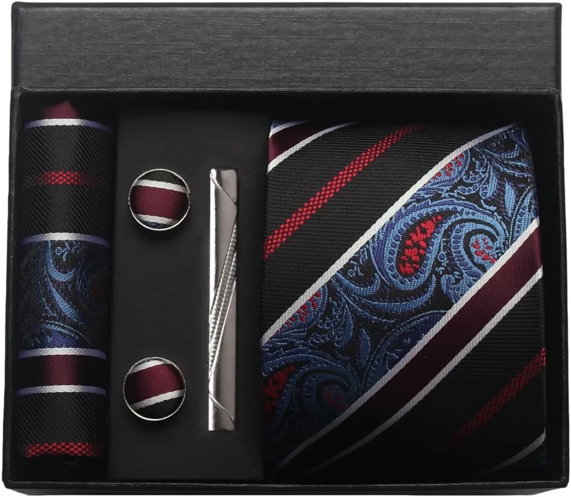 100% Silk Necktie Paisley Floral Mens Tie Top Quality Business Tie Pocket Square Tie Clip Cufflinks Set Classic For Men Gift Box - Luzilly Bridal & Apparel