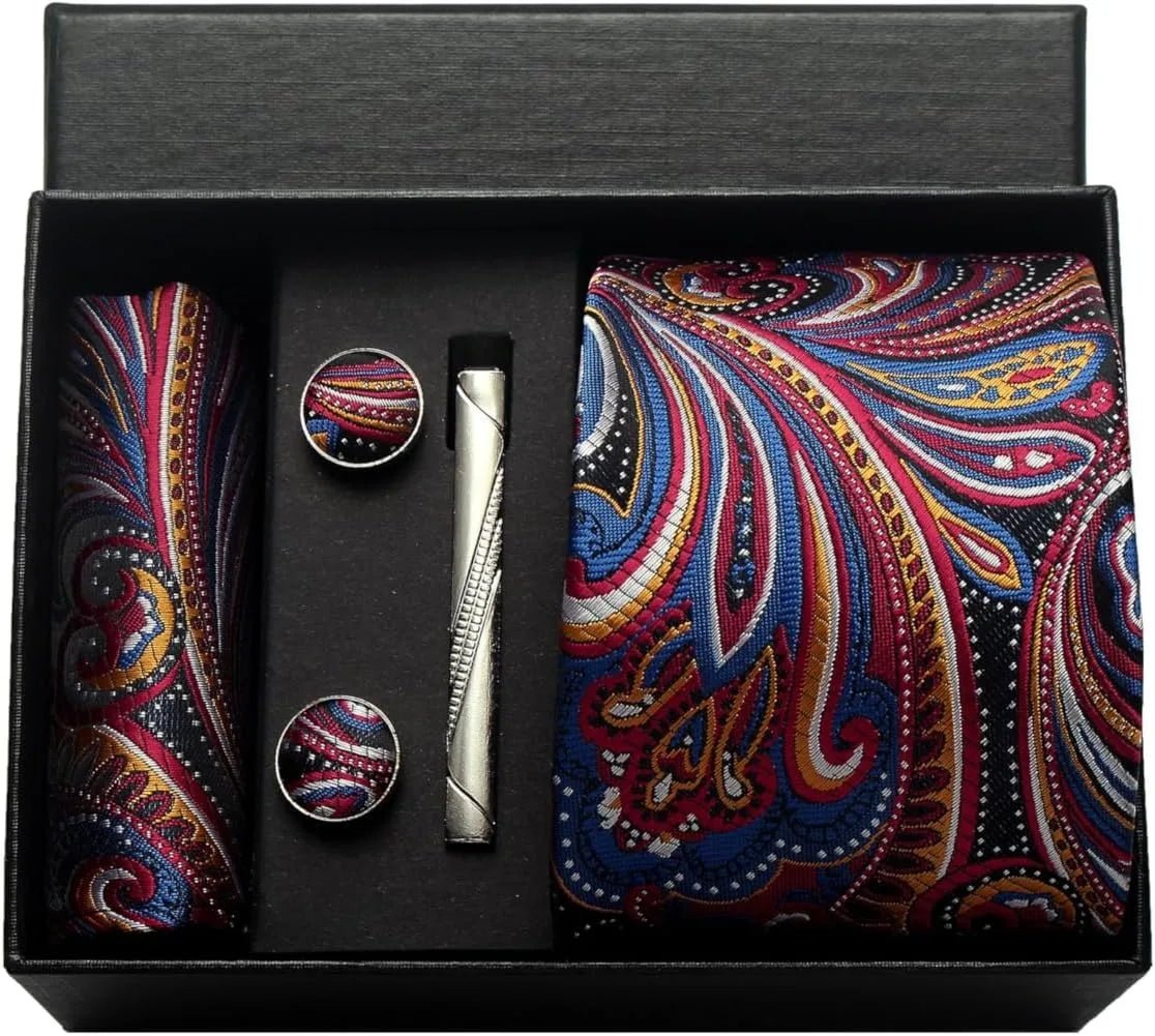 100% Silk Necktie Paisley Floral Mens Tie Top Quality Business Tie Pocket Square Tie Clip Cufflinks Set Classic For Men Gift Box - Luzilly Bridal & Apparel
