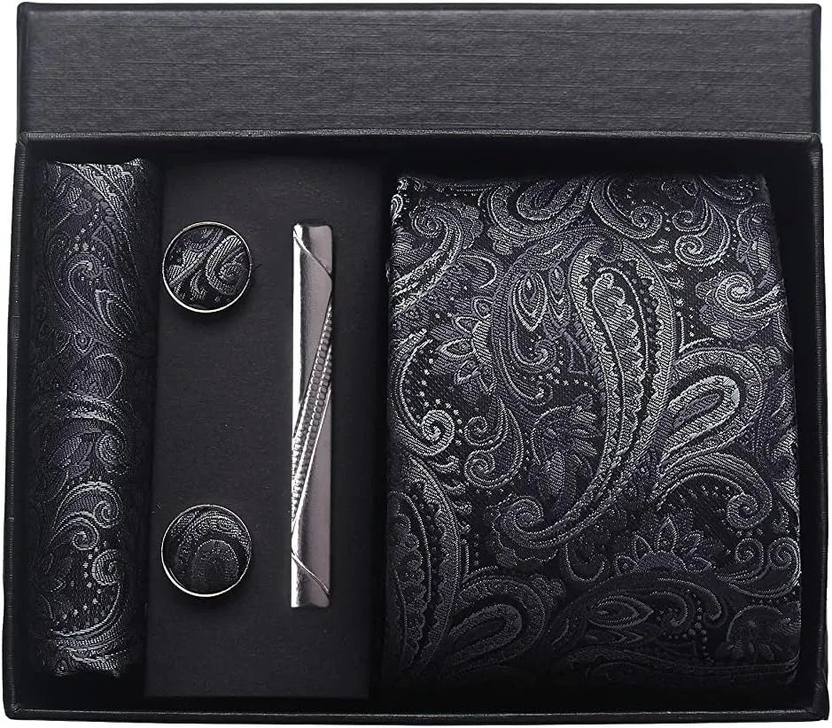 100% Silk Necktie Paisley Floral Mens Tie Top Quality Business Tie Pocket Square Tie Clip Cufflinks Set Classic For Men Gift Box - Luzilly Bridal & Apparel