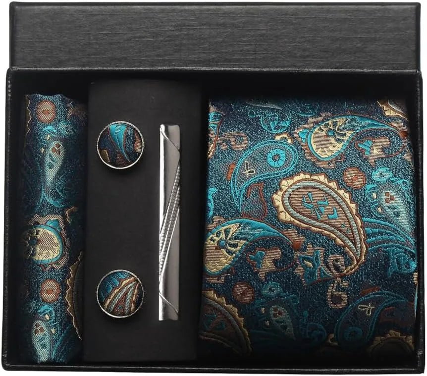 100% Silk Necktie Paisley Floral Mens Tie Top Quality Business Tie Pocket Square Tie Clip Cufflinks Set Classic For Men Gift Box - Luzilly Bridal & Apparel