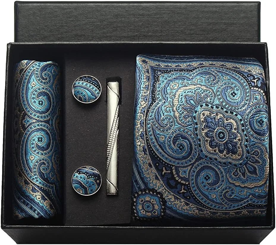 100% Silk Necktie Paisley Floral Mens Tie Top Quality Business Tie Pocket Square Tie Clip Cufflinks Set Classic For Men Gift Box - Luzilly Bridal & Apparel