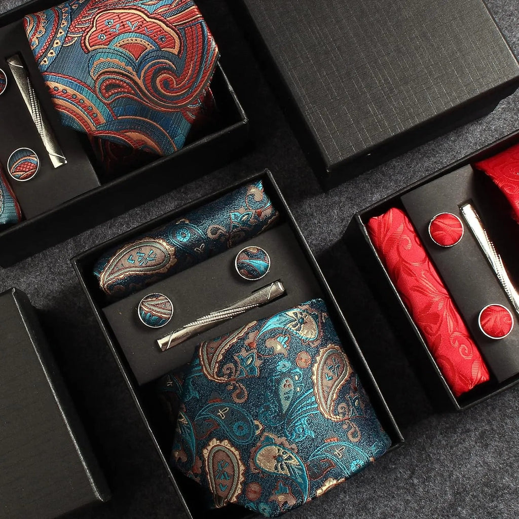 100% Silk Necktie Paisley Floral Mens Tie Top Quality Business Tie Pocket Square Tie Clip Cufflinks Set Classic For Men Gift Box - Luzilly Bridal & Apparel